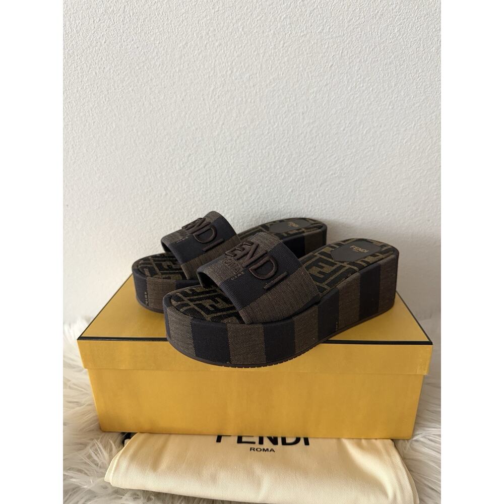 Fendi Sunshine Flatform Platform FF Logo Jacquard Baguette Feel Slides 37.5 - Picture 5 of 11
